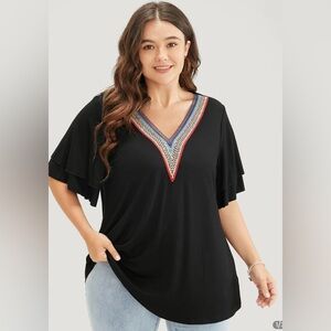 Bloomchic Black Short Tiered Sleeve Blouse V Neck With Beautiful Rainbow Neck